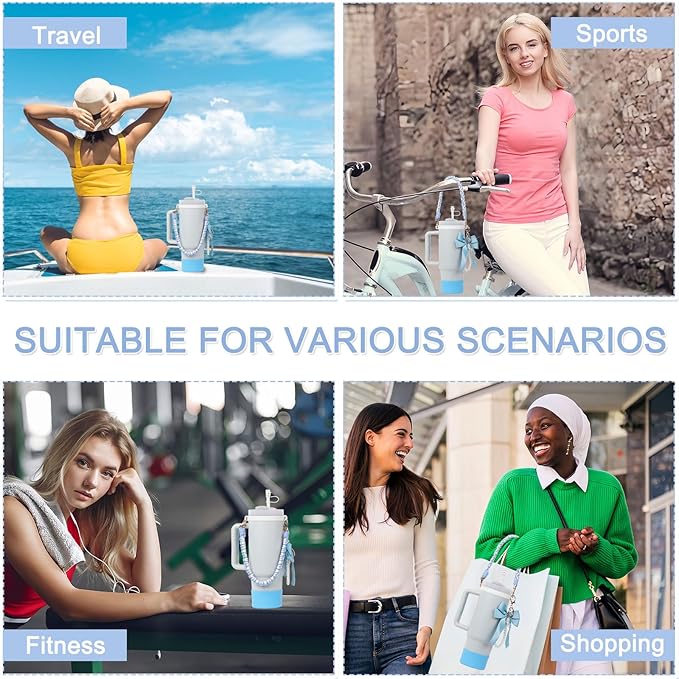 Stanley Cup Accessories Set- Water Bottle Handle Strap, Stanley Cup Protective Silicone Boot, Bow Design Stanley Charms for Stanley Cup 40oz /30 oz Tumbler (blue)