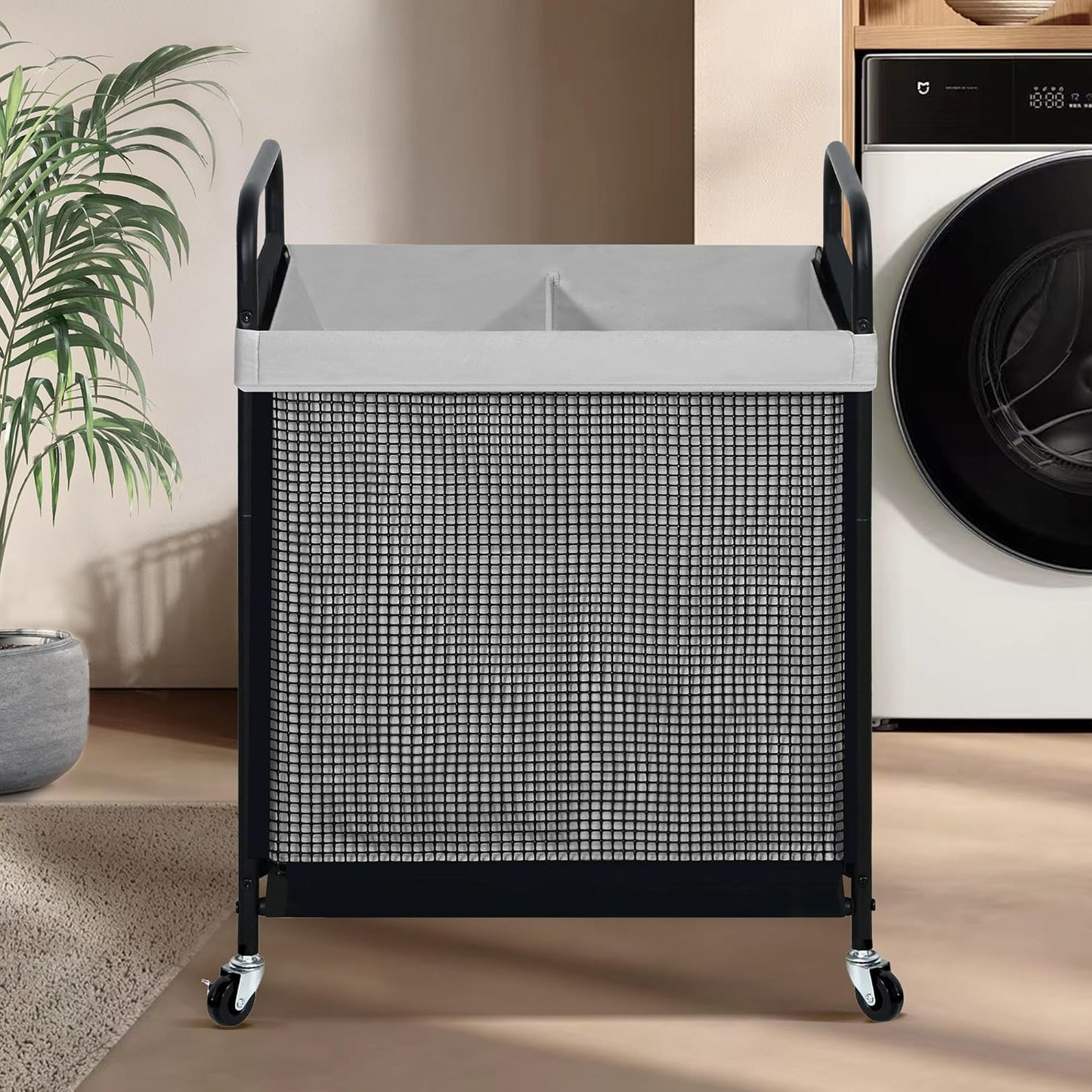 STO STO Laundry Hamper 2 Section, 100L Rolling Laundry Sorter Cart with Removable and Washable Liner Bag, Rolling Clothes Hamper with Metal Handle for Laundry Room and Bedroom, Gray