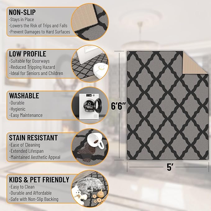 Machine Washable Moroccan Trellis Design Non-Slip Rubberback 5x7 Traditional Indoor Area Rug for Living Room, Bedroom, Dining Room, 5' x 6'6", Dark Gray