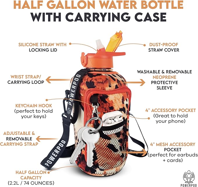 Motivational Half Gallon Water Bottle (74oz, 2.2L) Sports Water Jug + Storage Sleeve, Silicone Straw, Adjustable Carrying Strap - Reusable Water Bottle- BPA Free Water Bottle-Red Leopard