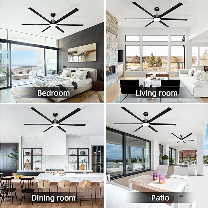 GESUM 84 Inch Ceiling Fans with Light, Industrial Ceiling Fan with 6 Aluminum Blades, Reversible, 6-Speeds, Large Ceiling Fan for Porch/Garage/Shop (Black)