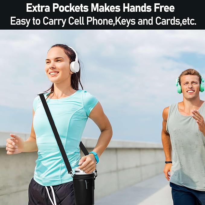 Water Bottle Carrier Bag with Phone Pocket for 40oz Tumbler with Handle, Adjustable Strap Neoprene Water Bottle Sleeve Pouch for Hiking Camping Travelling. (Black)