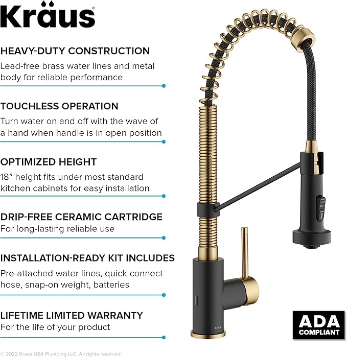 KRAUS Bolden Touchless Sensor Commercial Style 2-Function Single Handle Pull-Down Kitchen Faucet in Brushed Brass / Matte Black, KSF-1610BBMB