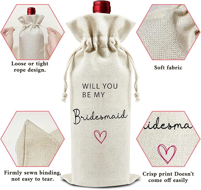 Will You Be My Bridesmaid - Gifts for Besties Wine Bags, 1 PC Reusable Drawstring Burlap Wine Bottle Bags, Proposal Gifts for Sister Friends, Wine Gift Bag Wine Accessories -26