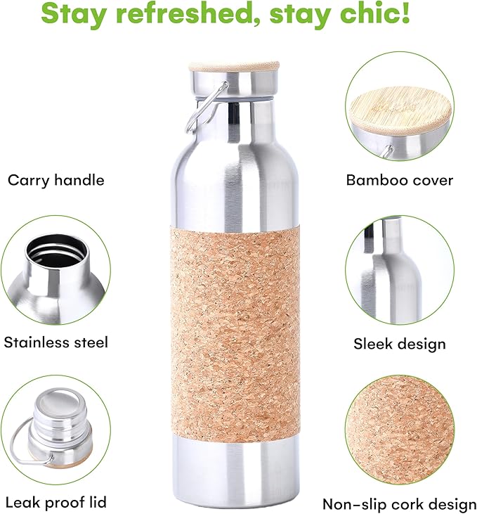 SteadyDoggie 25oz Yoga Water Bottle - Non-Slip Cork Design - Double Wall Vacuum Insulation - Leak-Proof Cap - Metal Tumbler For Hot & Cold Drinks - With THIN DETACHABLE Cork SLEEVE- 10.3 x 3 in