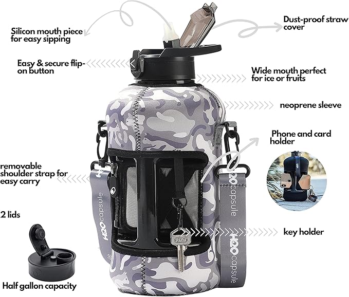 H2O Capsule 2.2L Half Gallon Water Bottle with Storage Sleeve and Covered Straw Lid – BPA Free Large Reusable Drink Container with Handle - Big Sports Jug, 2.2 Liter (74 Ounce)