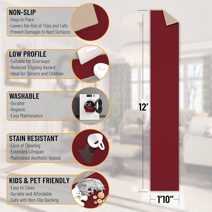 Machine Washable Modern Solid Design Non-Slip Rubberback 2x12 Traditional Runner Rug for Hallway, Kitchen, Bedroom, Living Room, 1'10" x 12', Red