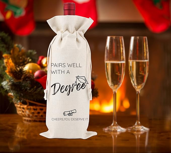 Pairs Well With A Degree,Graduation Gift,Graduation Wine Gift Bags,Congrats Grad,Graduation Party Favors Masters Degree Gift,Master's Degree Wine Label,Party Supplies,1 Drawstring Gift Wine Bag,Q26