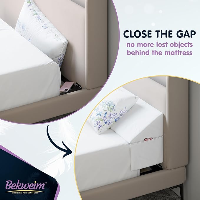 Wedge Pillow Headboard Bed Gap Filler Queen - Headboard Pillow Queen Size 60 X 10 X 6 - Long Pillow for Bed Wedge Gap Filler with Large Pocket for Bed Accessories - Mattress Gap Filler (White)