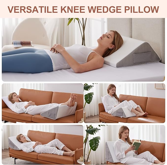Knee Wedge Pillow, Memory Foam Leg Pillow Bed Wedge for Sleeping, Wedge Pillow for Legs Post Surgery, Triangle Pillow Wedge for Knee Support, Leg Elevation, Knee Hip Back Pain Relief, White