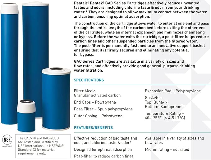 Pentair Pentek GAC-5 Carbon Water Filter, 5-Inch, Under Sink Granular Activated Carbon (GAC) Replacement Cartridge, 5" x 2.5"
