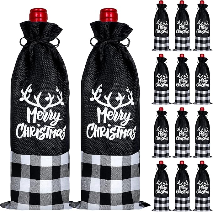 Patelai 12 Pieces Christmas Wine Bottle Bags Wine Bottle Sweater Dress Christmas Wine Sleeve Burlap Santa Bottle Covers Plaid Drawstring Bottle Bags for Xmas Dining Table (Black White)