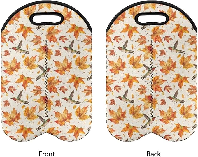 doginthehole 2 Bottle Wine Carrier Tote Fall Maple Leaves Hummingbirds Print Wine Bag 750ML Portable Neoprene Wine Bottle Travel Protector Champagne Bag with Handle for Picnic, Thanksgiving Party
