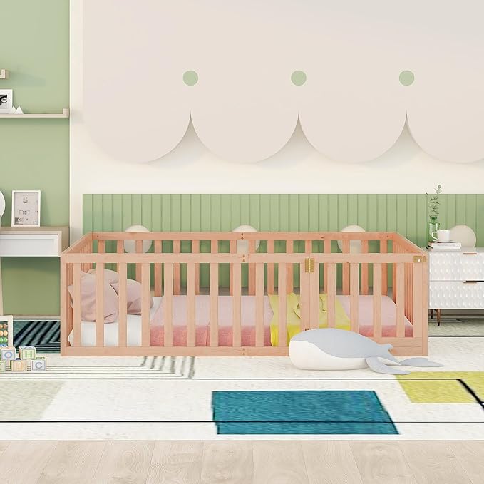 Full Size Floor Bed with Fence, Solid Wood Floor Bed Frame for Kids with Door, Twin Platform Bed for Boys and Girls Kids Teens, Fun Design, for Children Bedroom