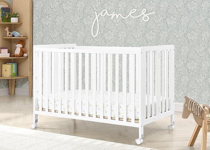Delta Children Simmons Kids Aria Full Size Portable Folding Crib - Greenguard Gold Certified, Bianca White