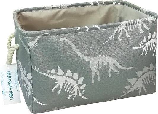 LANGYASHAN Rectangular Storage Bin Collapse Canvas Fabric Cartoon Storage Basket with Handles for Organizing Home Kitchen Boys and Girls Toys Office Closet Shelf Baskets (Rec Gray Dinosaur skeleton)