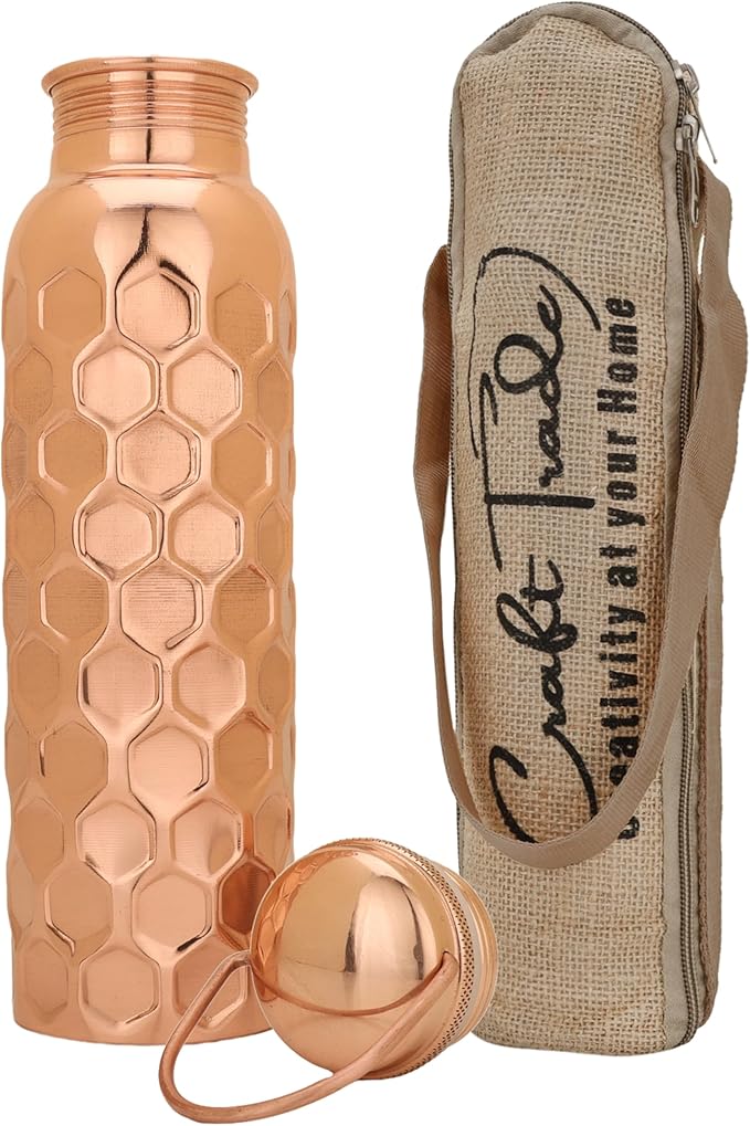 Craft Trade Copper Water Bottle for Drinking 32oz Antique Diamond Pure AyurvedaCopper Water Bottle with Handle Travel Bottle for Gym, Office, Hiking, Outdoor Ayurvedic Hammered Water Vessel-1000 ML