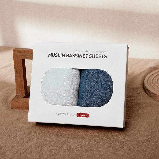Muslin Bassinet Fitted Sheets, 2 Pack for Baby Boy and Girl, Soft Breathable Baby Pad/Mattress Sheet, Fit for Hourglass Oval and Rectangle Bassinet Mattress (Bright Colors, Bassinet Sheets 2 Pack)