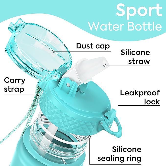 OLDLEY Kids Water Bottle with Straw 15 oz BPA-Free Leak-Proof Motivational Water Bottles with Time Marker for School Sports Travel Gym, Easy to Use for Girls Goys, 1 Straw Lid, Blue Grey