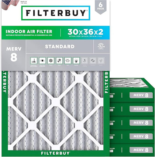 Filterbuy 30x36x2 Air Filter MERV 8 Dust Defense (6-Pack), Pleated HVAC AC Furnace Air Filters Replacement (Actual Size: 29.81 x 35.81 x 1.75 Inches)
