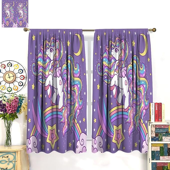 Unicorn Curtains Fantasy Star Moon Cartoon Theme Curtains Cute White Unicorn Rainbow Design Printed Curtains Boys Girls Room Curtains 42x63 Inch 2 Panels