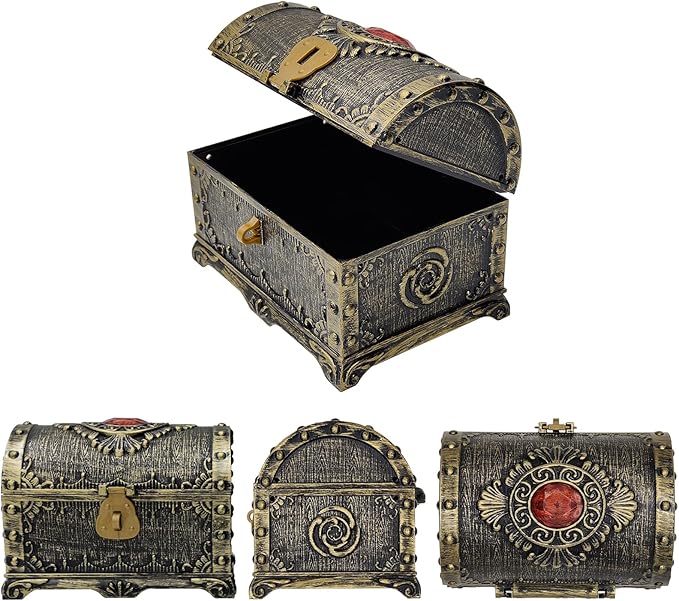 Kids Pirate Treasure Chest Storage Box,Red Rhinestone Inlaid Top Decorative Pirate Chest with Lock and Key for Kids Birthday,Halloween, Christmas Pirate Party Favors