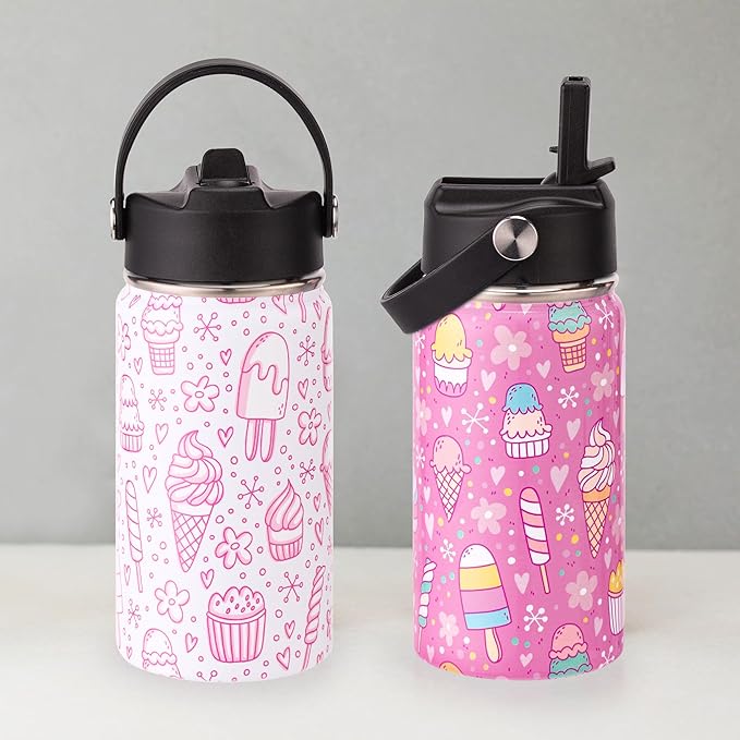 Kids Insulated Water Bottle, 2 Pack 12oz Ice Cream Water Bottles Bulk with Flip Straw & Big Handle, Gifts for Kids Girls to School Travel Sports, Hands Wash Only, Pink & White
