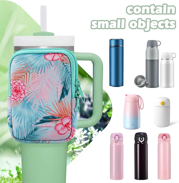 Water Bottle Pouch Cup Accessories for Women Quencher Adventure IceFlow 20oz 30oz 40oz Tumbler Pouch with Handle Running Pouch Bag for Cards Keys(Green Flower)