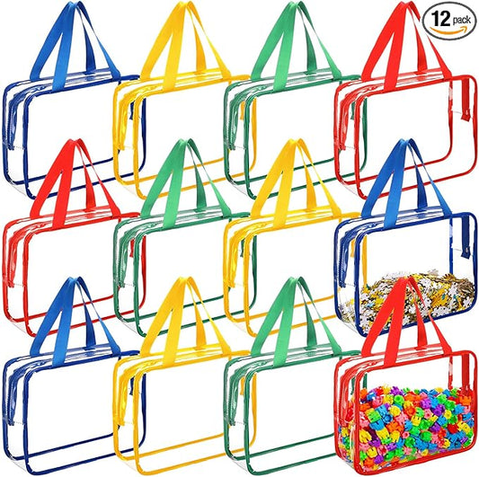 12 Pieces Large Toy Storage Bags with Zipper Clear PVC Organizing Bags Waterproof Zippered Toy Storage Organizer for Building Blocks Puzzle Stationery Kids Books Classroom(Fresh Colors)