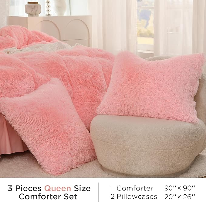 Litanika Pink Fluffy Comforter Queen Size, Luxury Shaggy Faux Fur Bedding Set Cute for Women Girls, Ultra Soft Velvet Fuzzy Comforter Queen Bed 3 Pieces(1 Plush Comforter 90×90 Inch, 2 Pillowcases)