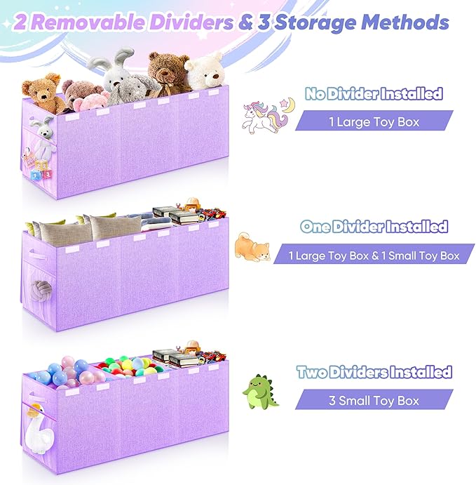 Extra Large Toy Box, Toy Box for Kids Boys Girls, Collapsible Sturdy Toy Storage Organizer with Mesh Pockets, 41"x14"x16" Kids Toy Chest Boxes Bins Baskets for Nursery, Playroom, Purple