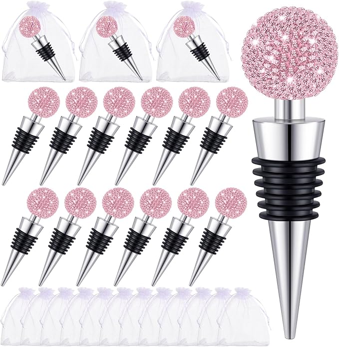 Crystal Wine Bottle Stopper Diamond Wine Stoppers Reusable Zinc Alloy Silicone Beverage Saver Corks Wine Decorative Bottle Stoppers with Sheer Bags for Wedding Bar Gifts(Pink,12 Set)
