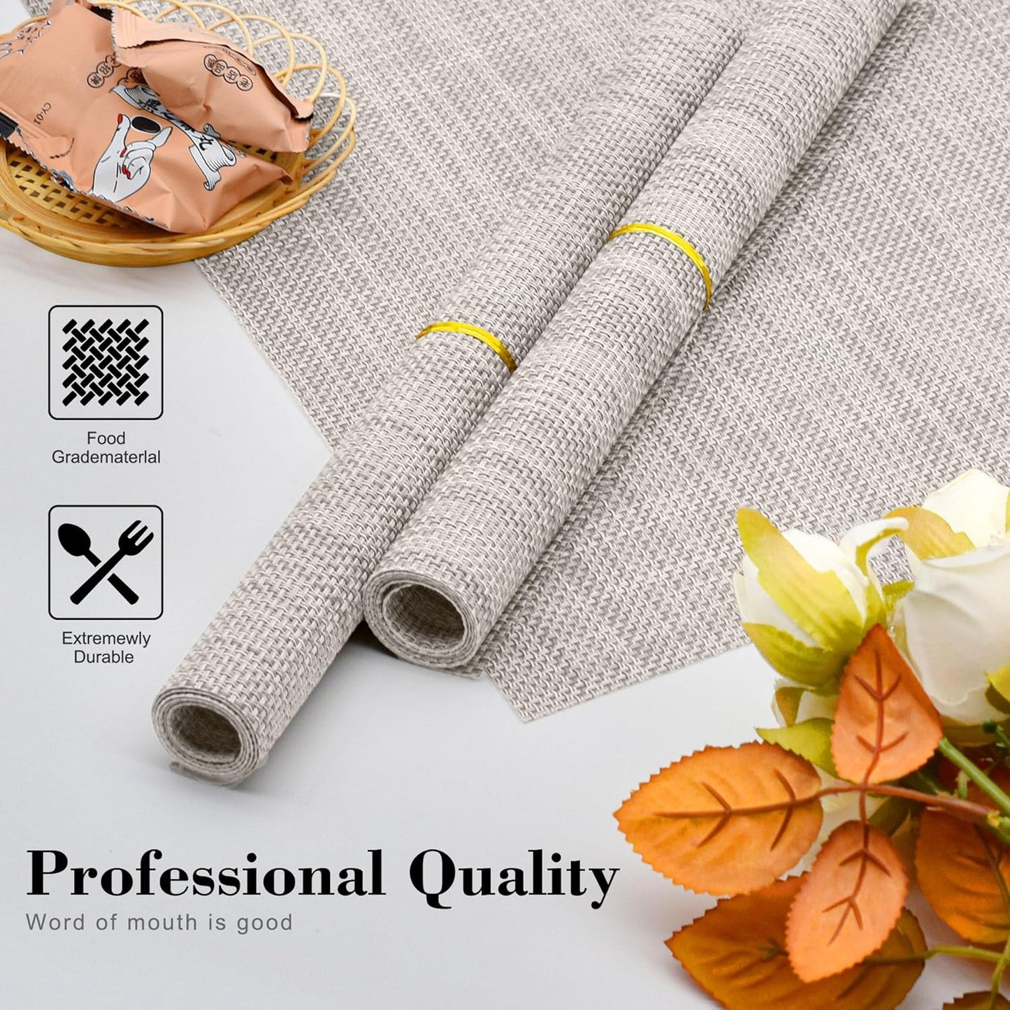 CADONO Placemats Set of 4 Washable Indoor/Outdoor Vinyl Place Mats for Dining Table Durable Non-Slip Heat Resistant PVC Weave Table Mats（Beige Green Cross）