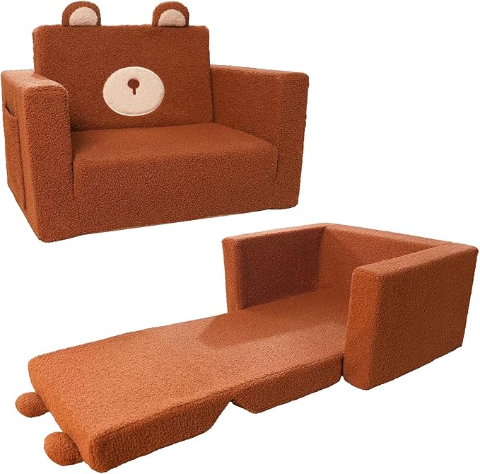 LonSEA Furniture, Teddy Bear, Baby Chair for Toddler, Toddler Bed, Convertible Sofa to Lounger - Comfy 2-in-1 Flip Open Couch/Sleeper for Kids, Toddler Cot, Brown