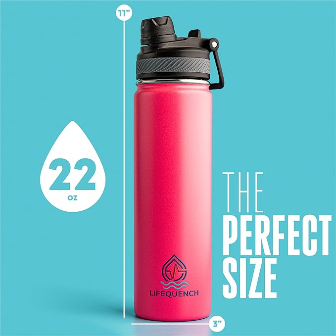 Insulated Water Bottle with Straw and Handle 22 oz-Stainless Steel Water Bottles with Straw, Dual Cap Function & Sleeve, Keeps Drinks Hot Up to 12 Hours & Cold Up to 24 Hours (Hot Pink)