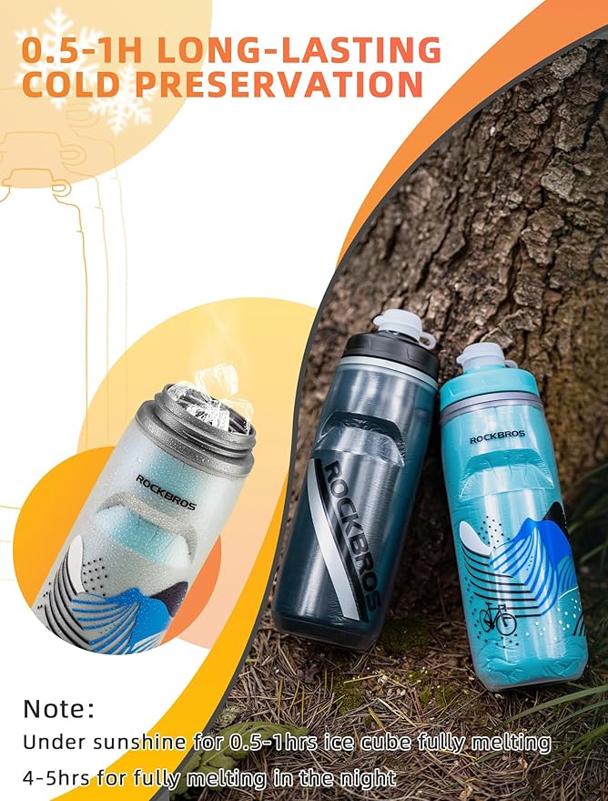 ROCKBROS Bike Water Bottle 21oz Bicycle Water Bottle for 5hrs Insulation Sports Squeeze Water Bottle with Leakproof Design