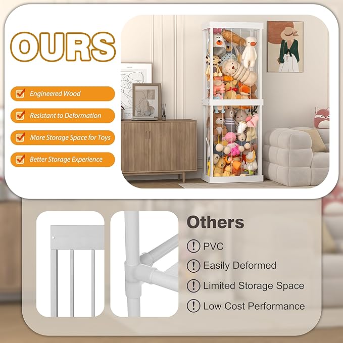 Stuffed Animal Zoo Storage, Large Capacity Wood Stuffed Animal Storage Shelf for Kids, Large Zoo Cage for Stuffed Animals with Elastic Band, Animal Toy Holder, for Nursery Playroom Bedroom Kid Room