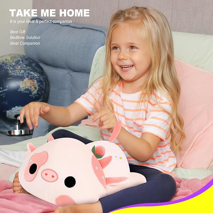 Onsoyours Cute Cow Plushie, Soft Stuffed Peach Cow Squishy Plush Animal Toy Flower Cow Pillow for Kids (Peach Cow, 12")