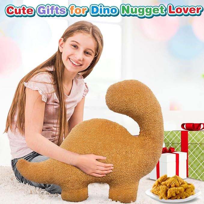 Dino Nuggets Pillow, Dinosaur Chicken Nuggets Plush Funny Gifts for Teen Boys Girls, Fun Throw Pillows Cute Room Decor for Teens Dinosaur Gifts (Large, Brontosaurus Style 2)