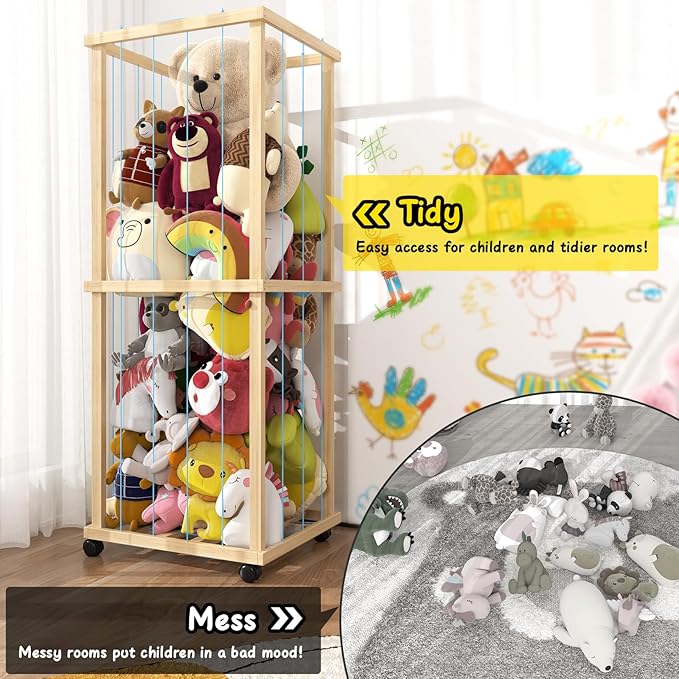 Stuffed Animal Zoo Storage Cage 55" Wood Large Stuffed Animal Storage Basket, Toy Storage for Big Small Stuffed Animals