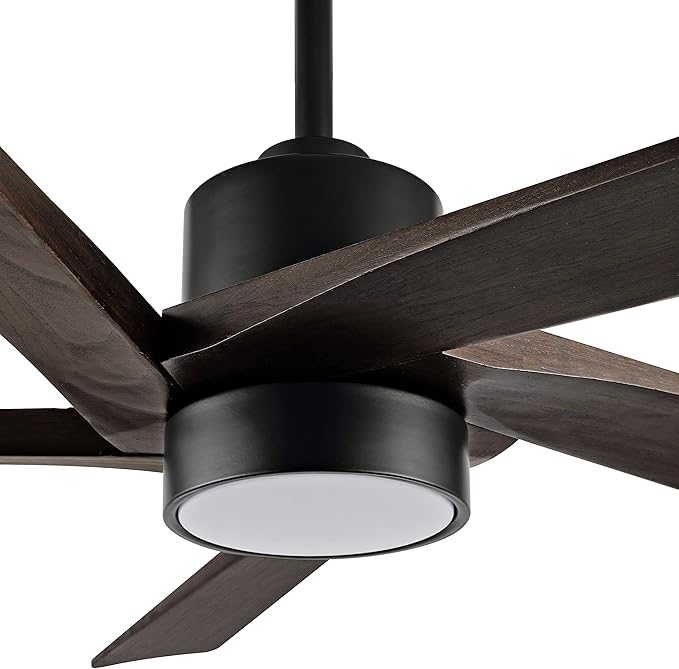 WINGBO 54 Inch DC Ceiling Fan with Lights and Remote Control, 5 Reversible Carved Wood Blades, 6-Speed Noiseless DC Motor, Modern Ceiling Fan in Matte Black Finish with Walnut Blades, ETL Listed