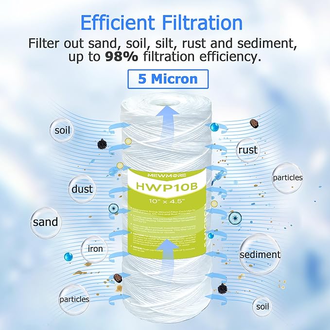 5 Micron Whole House Water Filter Cartridge, String Wound Sediment Filters for Well Water, Replacement for 84637, WPX5BB97P, WP10BB97P, 355215-45 - 10" x 4.5" Cartridges - Pack of 4