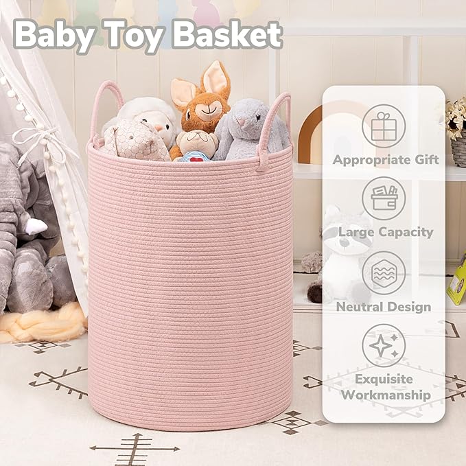 INDRESSME Pink Laundry Basket for Girls Kids Laundry Hamper for Nursery, Woven Rope Storage Basket for Living Room Girls room, Tall Basket for Blanket Storage Toys Bin, 19.7 x 13.8 inches