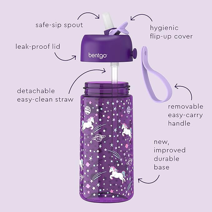 Bentgo Kids Water Bottle 2-Pack - Leak-Proof, Durable Tritan™, BPA-Free 15 oz Cup for Kids/Toddlers 3+; Flip-Up Straw; Dishwasher Safe for School/Sports/Daycare/Camp (Unicorn/Lavender Galaxy)