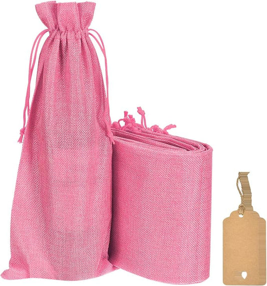 uxcell Burlap Wine Bags with Drawstrings, 12Pcs Wine Gift Bags Reusable Wine Bottle Bags with Ropes and Tags for Wedding, Birthday, Travel (14 x 6.3 In, Pink)