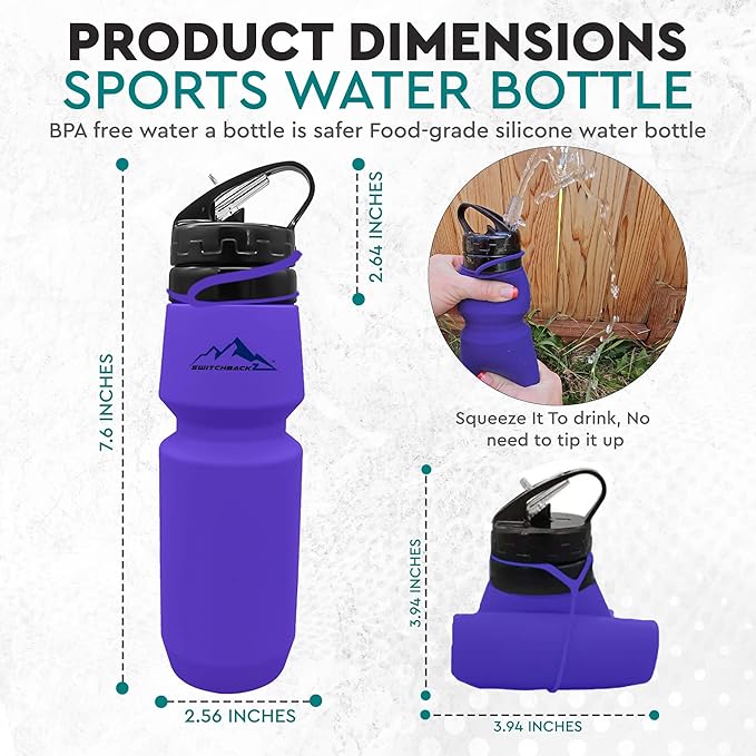 Collapsible Water Bottle (25Oz) - BPA Free Silicone Space Saving Collapse Water Bottle W/ Removable Straw | Temperature Resistant Collapsible Water Bottles For Travel And Rugged Outdoor Activities