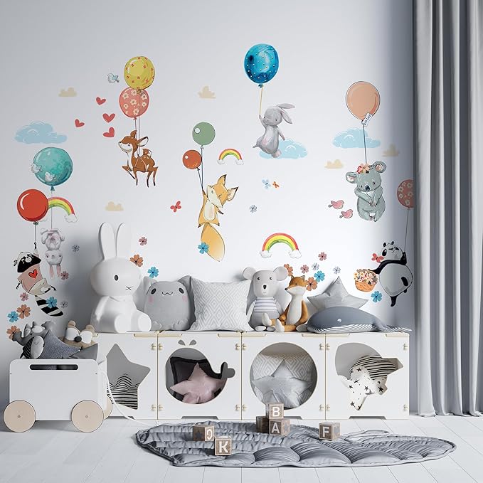 Hot Air Balloon Wall Decals for Kids by Lipastick –Cartoon Animals Wall Decals for Girls Boys Kids Baby - Animal Wall Stickers for Nursery Room Bedroom - Raccoon Fox Koala Panda S Size