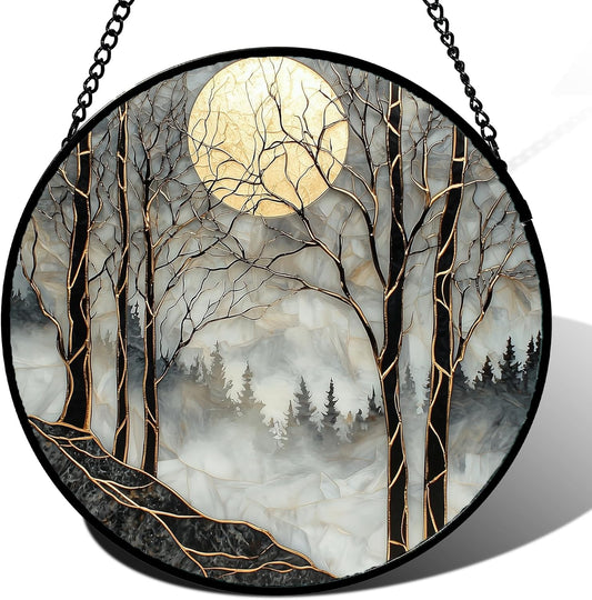 Stained Glass Window Hanging - Black and White Gold Moon Forest Sun Catcher for Door Home Decor Suncatcher Christmas Mother's Day Birthday Gifts for Women Men Lovers Mom Nana 6.3 in