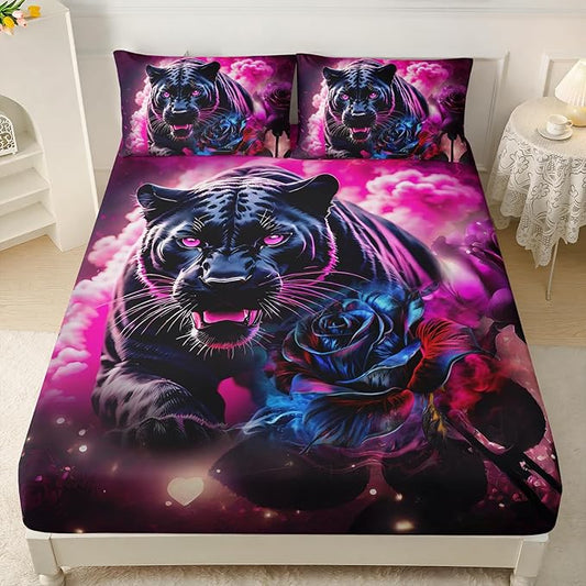 AILONEN Black Panther Fitted Sheet Set Queen Size,Red Rose Romantic Smoky Lightning Leopard Print Bed Sheet Set,Safari Animal Cheetah Fitted Sheet and 2 Pillowcases,3 Pieces