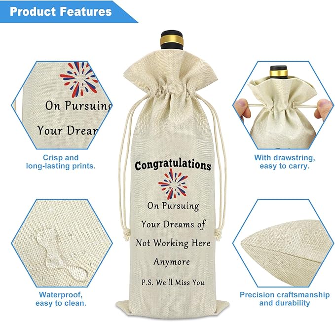 Retirement Coworker Leaving Gifts Wine Bag Farewell Party Decorations Drawstring Wine Bag Going Away Gift Goodbye Gift for Coworker Colleague Boss Friends New Job Gifts for Women Men Wine Bottle Bag